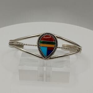 Native American Zuni Inlay Sterling Silver Cuff Signed "im" size 6.5 Flexible